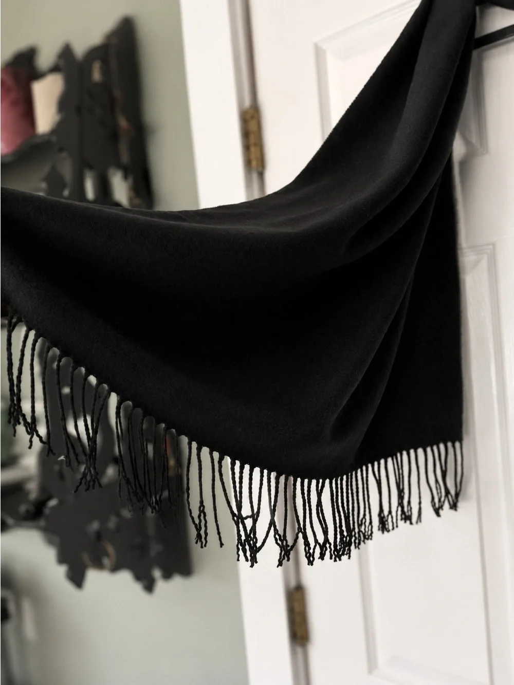 Black Cashmere Blend Fringe Scarf Italy Design Soft Wrap Shawl 25x66